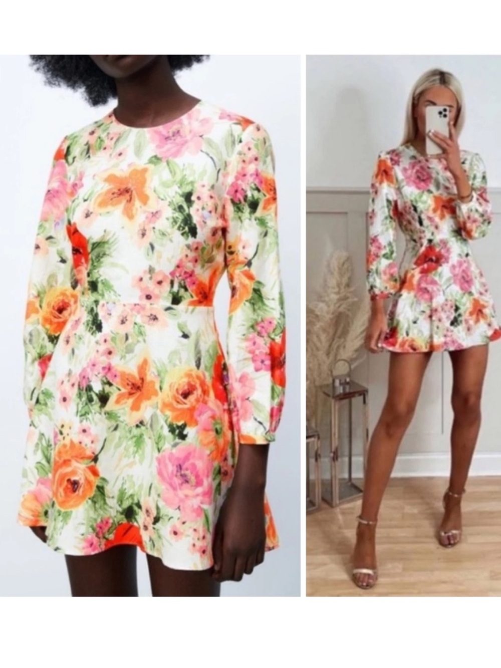 Zara Floral Long-Sleeve linen blend Mini Dress in White, Pink and Orange Size M